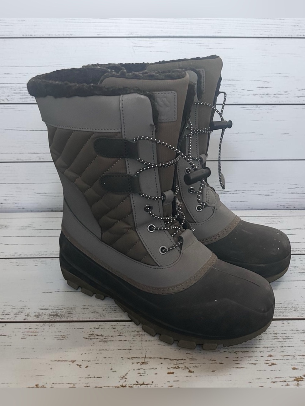 Boys Black Gray Insulated Winter Snow Boots Faux Fur Lined Size 6